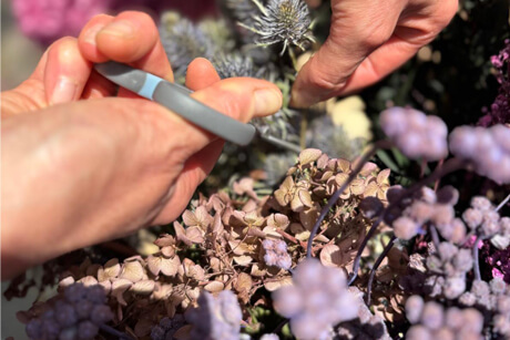 Selektiver Schnitt an hochwertigen Trockenblumen während des Workshops Kränze binden in Waghäusel